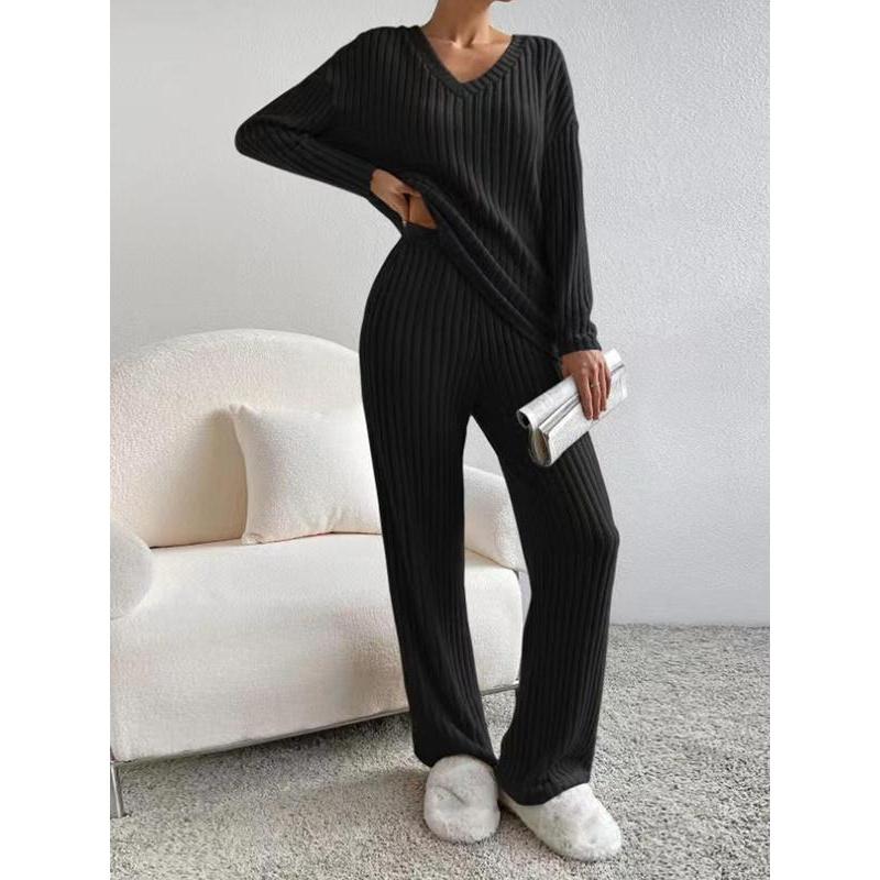 Ensemble de détente solide pour femmes avec poches et épaules tombantes, haut décontracté à manches longues et col en V et pantalon à jambes droites, ensemble deux pièces pour femmes, pyjama