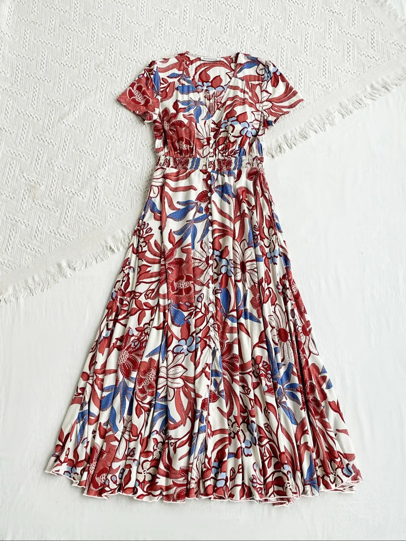 Robe Bohemienne Femme à Imprimé Floral avec Boutons, Robe Décontractée à Manches Courtes et Col en V avec Poches, Robe Bohème Chic pour Vacances d'Été à la Plage