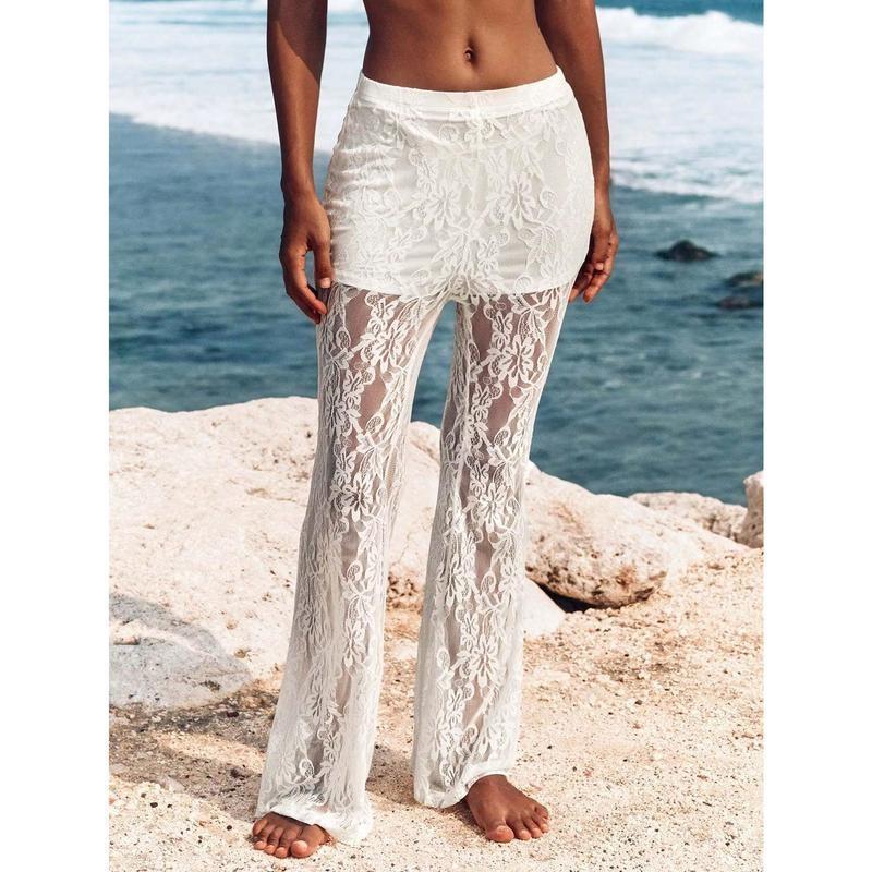 Pantalon évasé taille haute en dentelle tricotée pour femme