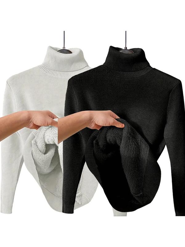 Pull en tricot uni doublé thermiquement à épaules tombantes et col montant pour femmes, pull décontracté à manches longues pour le quotidien en extérieur, haut en tricot pour femmes pour l'automne et l'hiver.