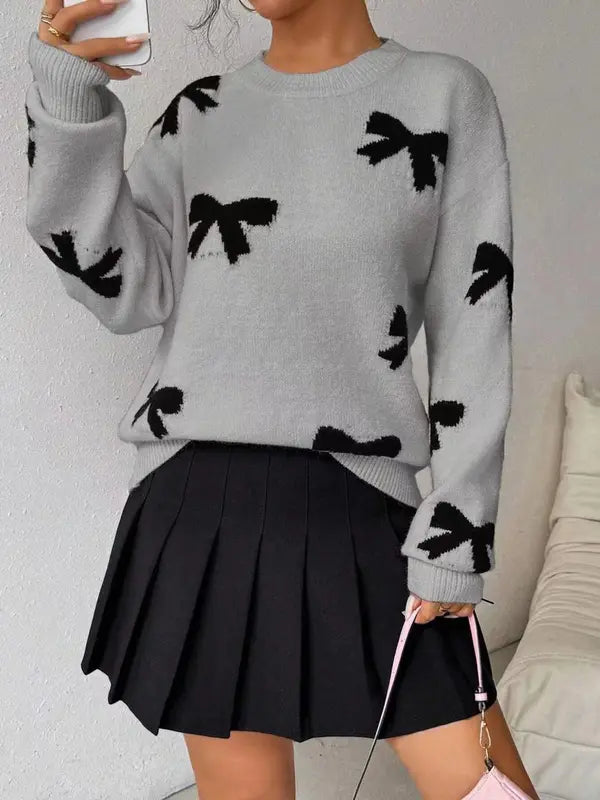 Pull décontracté tricoté lâche imprimé nœud papillon à la mode, pull femme automne/hiver, nouveau pull tricoté à col rond et manches longues