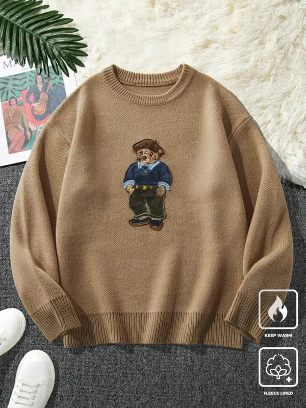 Pull ras du cou unisexe imprimé ours de dessin animé, pull décontracté ample à manches longues pour l'automne et l'hiver, tricot tendance pour femme pour un usage quotidien