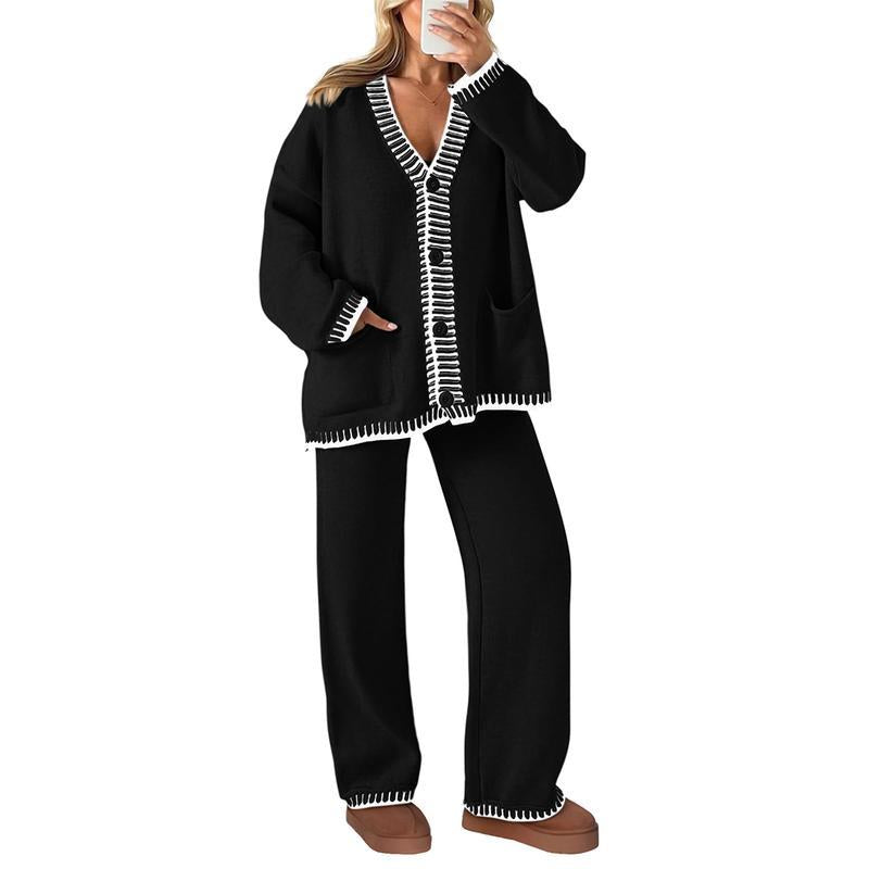 Ensemble 2 pièces tricoté pour femme, tenues d'hiver assorties, loungewear, cardigans à manches longues et col en V, pantalons amples, survêtements