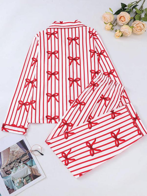 Ensemble deux pièces pyjama femme, chemise imprimée à nœud avec boutons et poches, et pantalon à taille élastique, décontracté et confortable, haut à manches longues et col à revers, et pantalon de pyjama