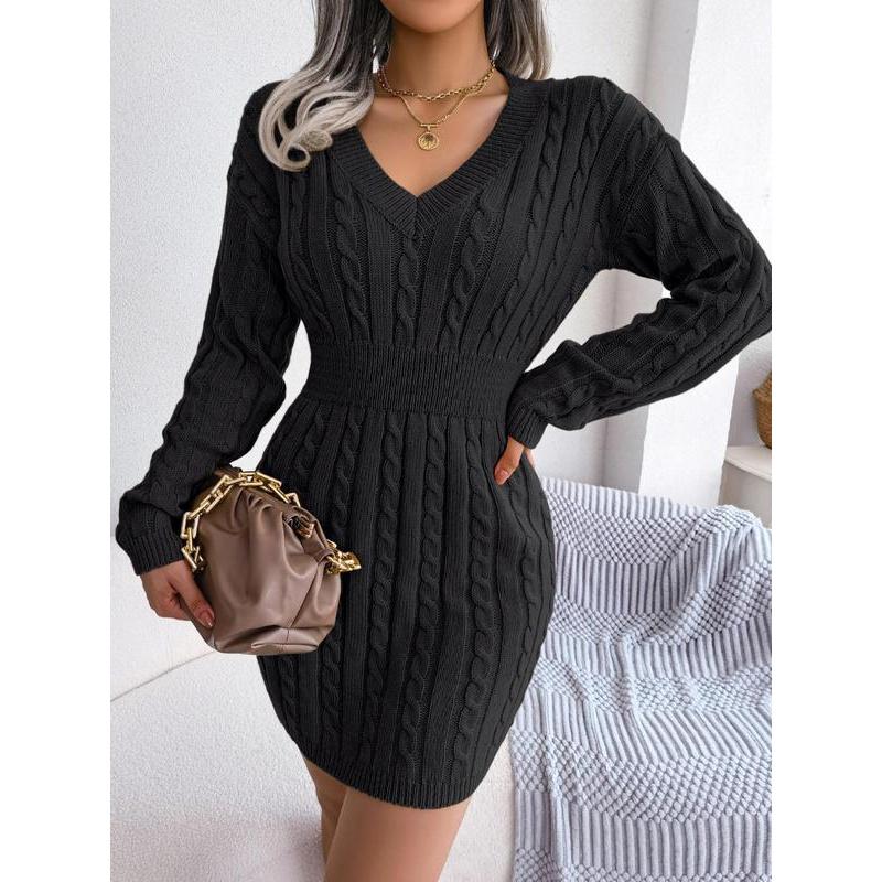 Robe pull en tricot torsadé douillet à col en V pour femme – Robe longue texturée douce à épaules tombantes pour l'automne et l'hiver