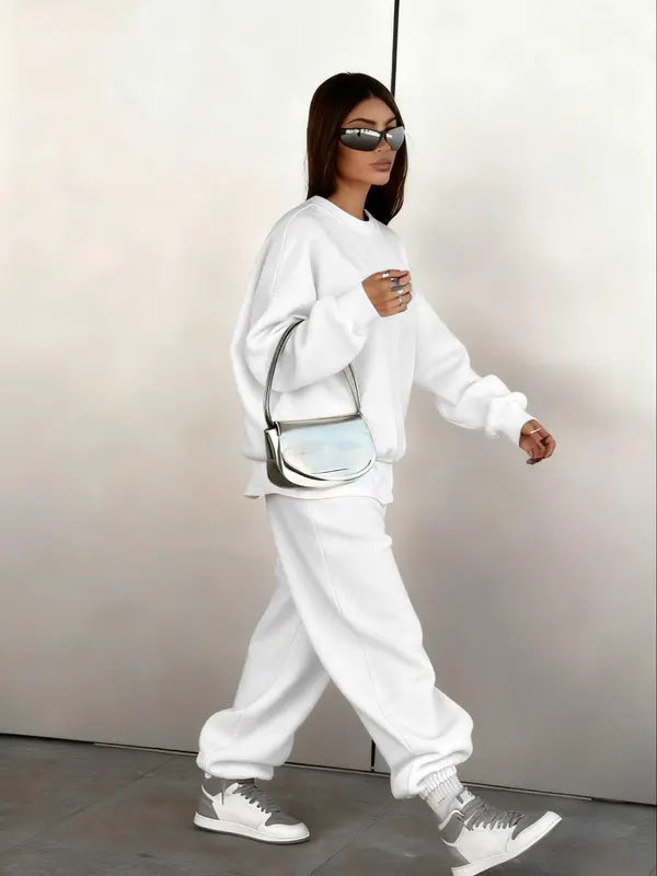 Ensemble deux pièces femme : Sweat-shirt col rond et pantalon de jogging ample, style décontracté sportif urbain hip-hop, mode automne et hiver