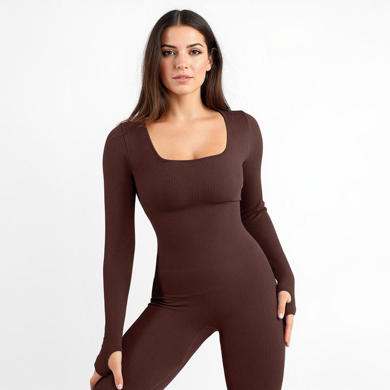 Combinaison de Yoga Sans Couture à Manches Longues et Col en U pour Femme, Combinaison Unie pour Tenue Quotidienne en Extérieur, Vêtements de Sport Simples avec Trous pour les Pouces