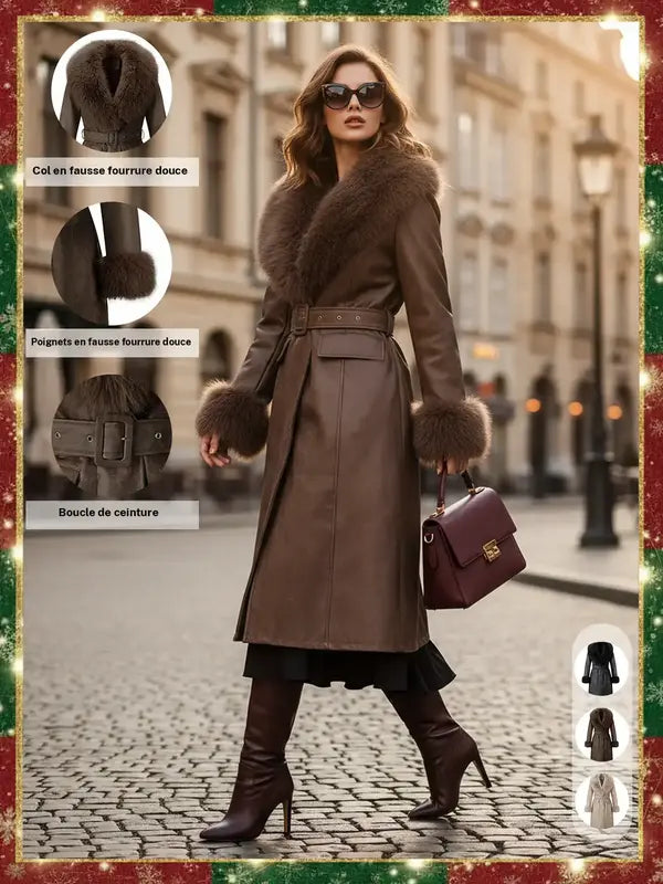 Veste longue femme automne hiver coupe-vent imperméable, col confortable en fausse fourrure, cuir PU épais, coupe ajustée avec ceinture