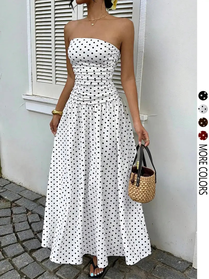 Robe longue élégante à pois sans bretelles pour femme, chic sans manches, idéale pour les fêtes et tenues décontractées, robe de soirée élégante