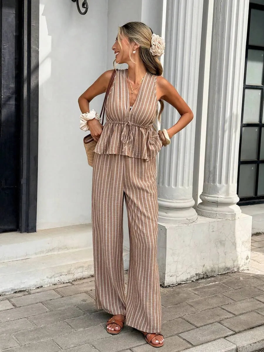 Ensemble deux pièces rayé pour femme : Haut sans manches à nouer à la taille et pantalon long décontracté — Style bohème vintage, tenue de ville
