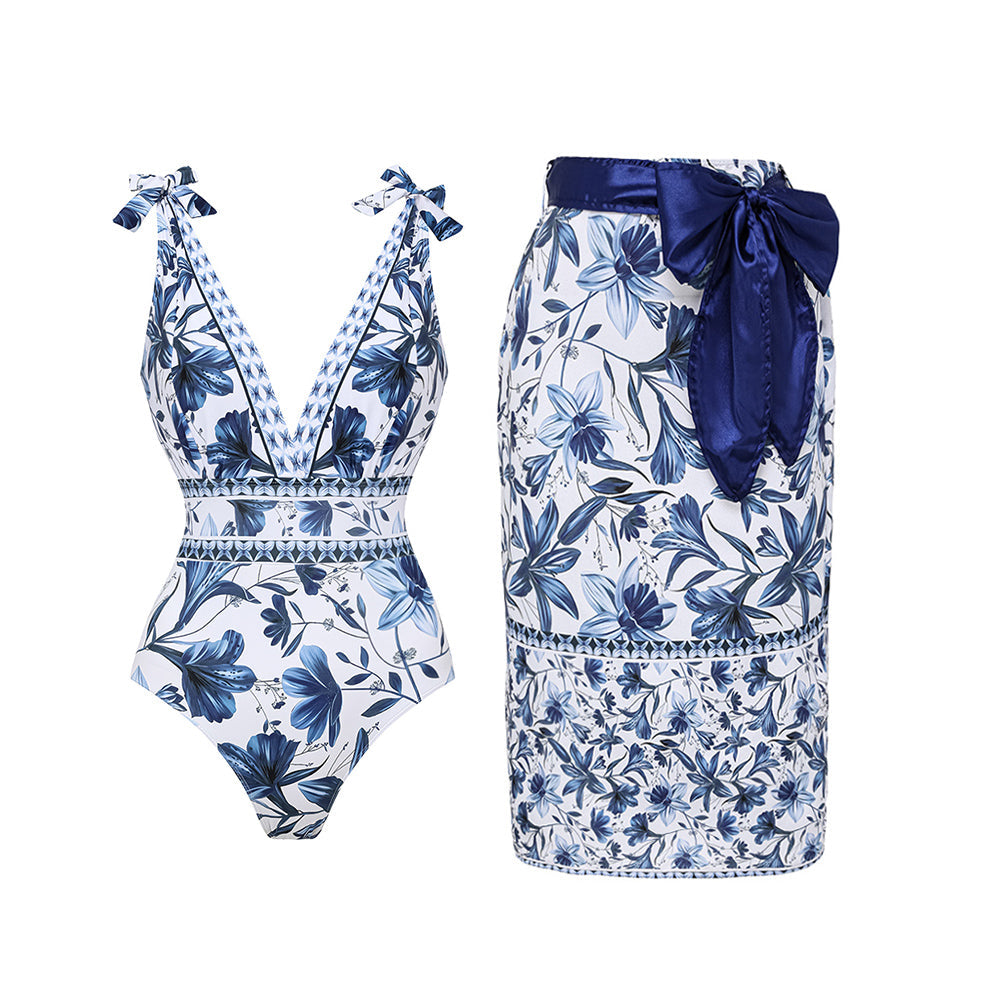 Maillot de Bain Une Pièce Imprimé à Col V et à Lacets avec Jupe