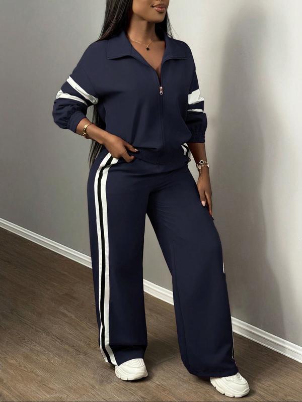 Ensemble Veste Zippée & Pantalon Large Rayé pour Femme, Style Urbain & Décontracté, Costume Deux Pièces pour Usage Quotidien