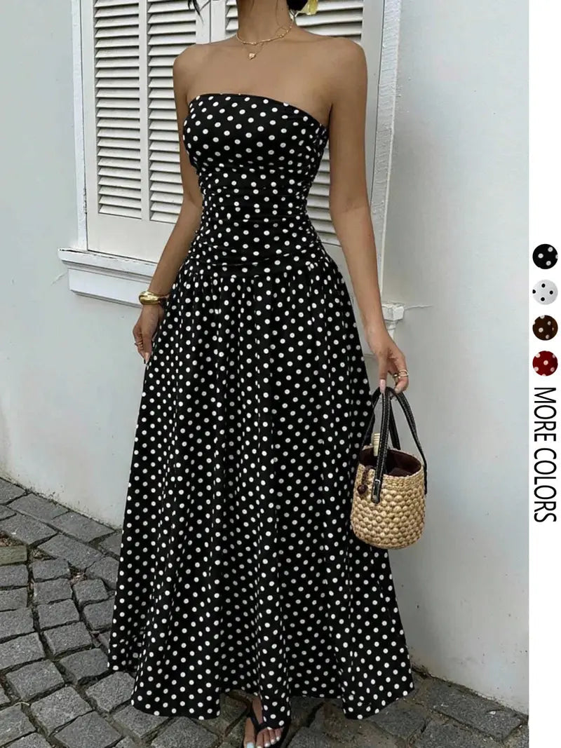 Robe longue élégante à pois sans bretelles pour femme, chic sans manches, idéale pour les fêtes et tenues décontractées, robe de soirée élégante