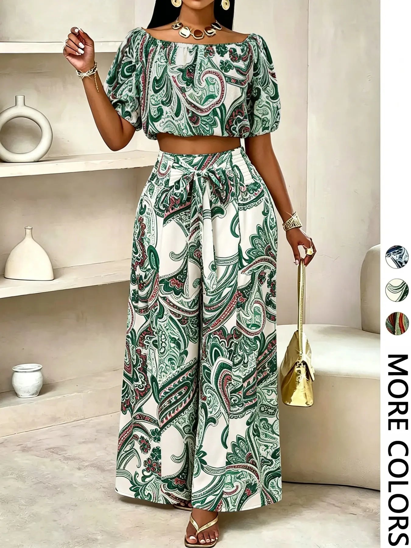 Ensemble pantalon femme couleur unie à jambes larges, haut décontracté à épaules dénudées et pantalon palazzo pour l'été, tenue de vacances à la plage pour femme.