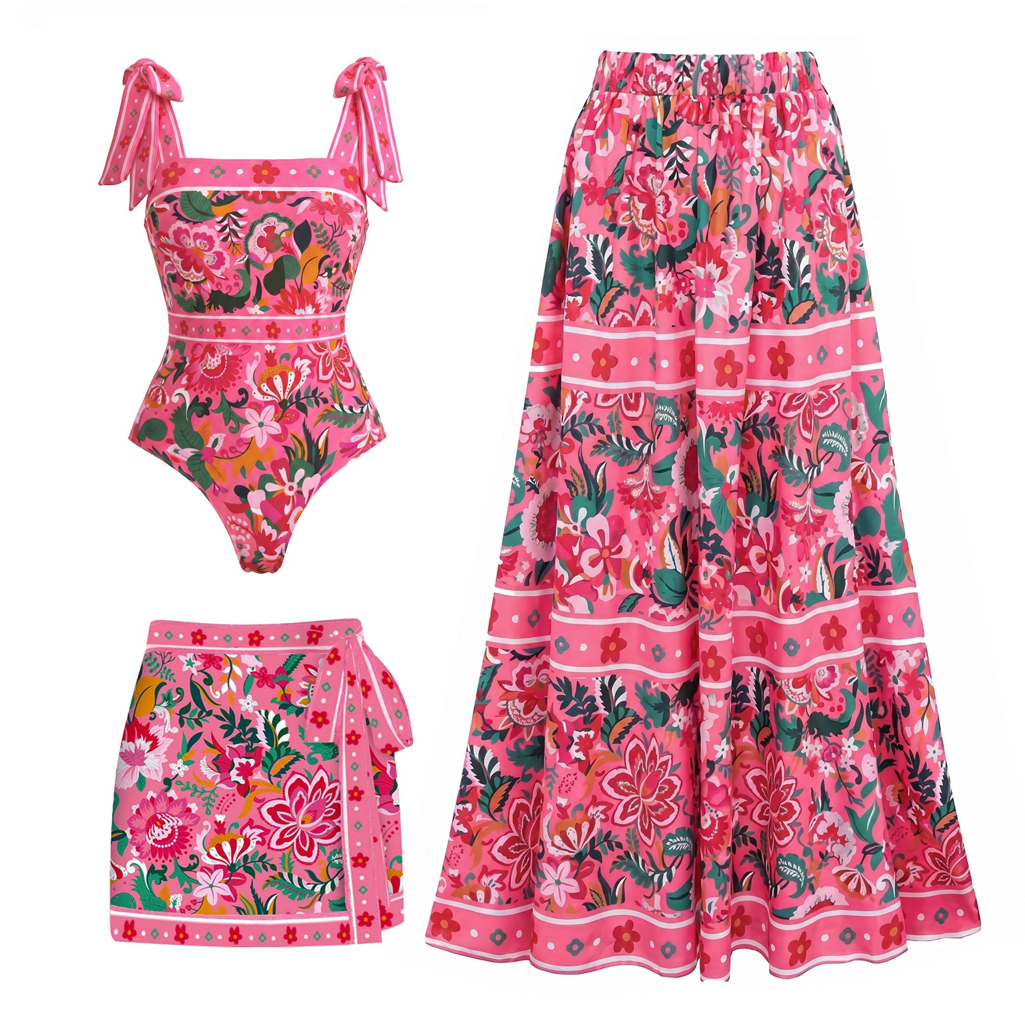 Maillot de bain et jupe une pièce imprimé floral rose Paradise