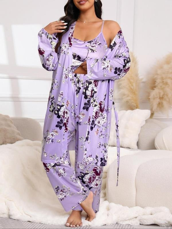 [Grande Taille] Ensemble Trois Pièces Kimono Long Imprimé Fleuri avec Ceinture, Caraco et Pantalon à Taille Élastique