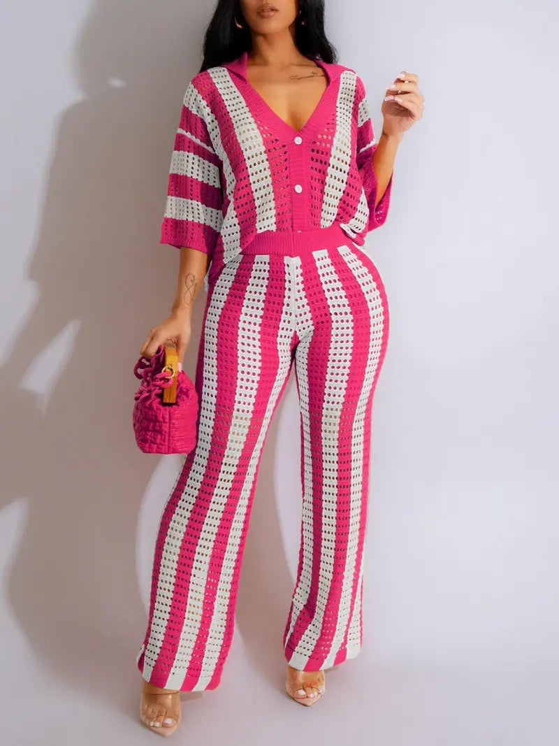Ensemble deux pièces femme - Haut color block rayé découpé boutonné et pantalon large