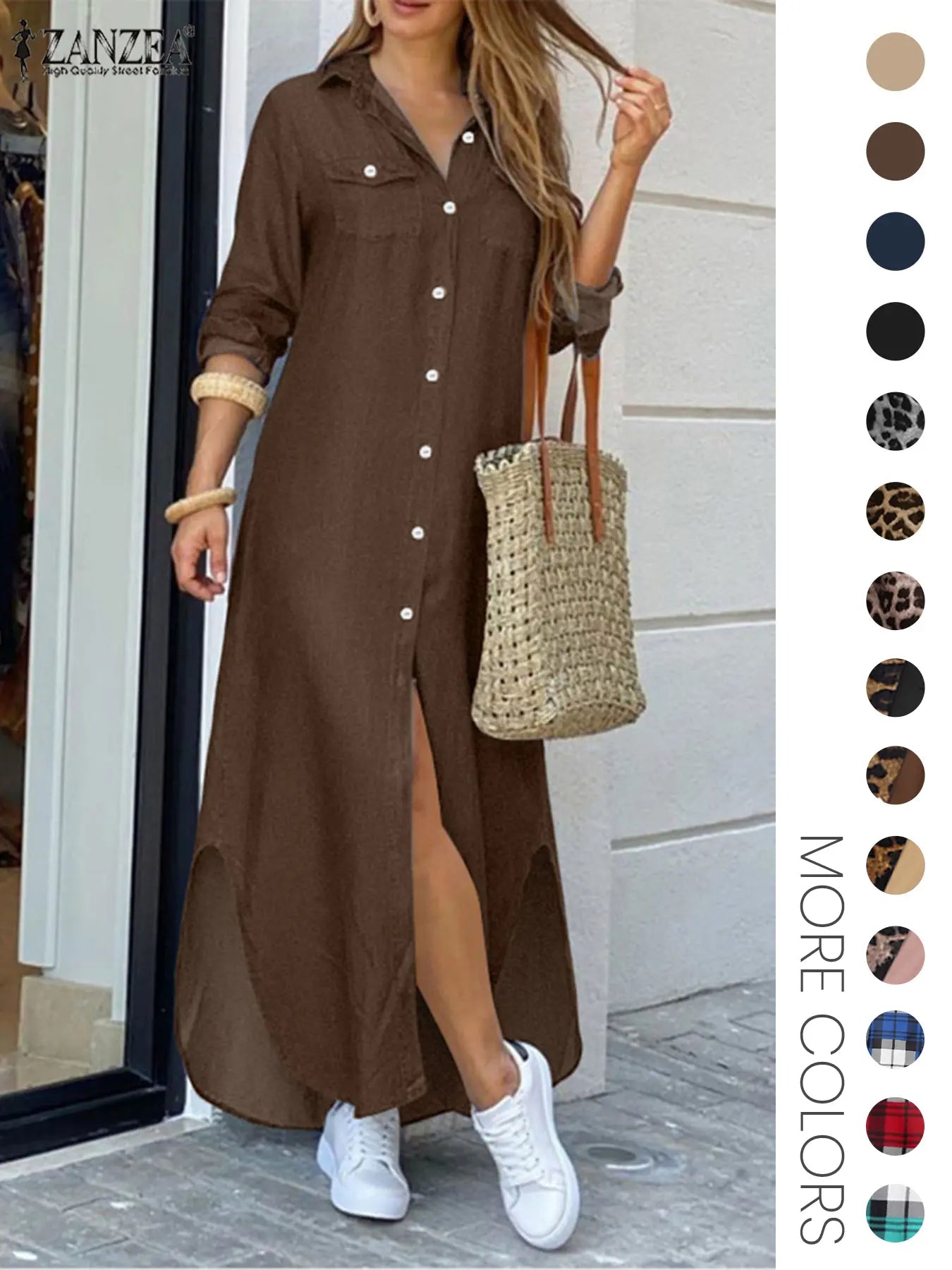 Robe chemise femme à imprimé léopard, boutonnée sur le devant avec poches à rabat, en tissu, décontractée, ourlet incurvé, manches longues, col chemise, longue, pour le quotidien, vêtements pour femmes toutes saisons