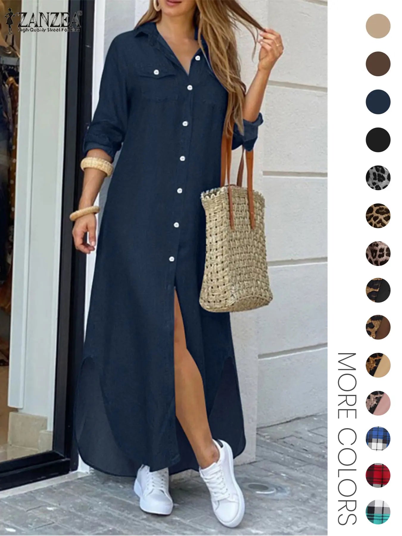 Robe chemise femme à imprimé léopard, boutonnée sur le devant avec poches à rabat, en tissu, décontractée, ourlet incurvé, manches longues, col chemise, longue, pour le quotidien, vêtements pour femmes toutes saisons