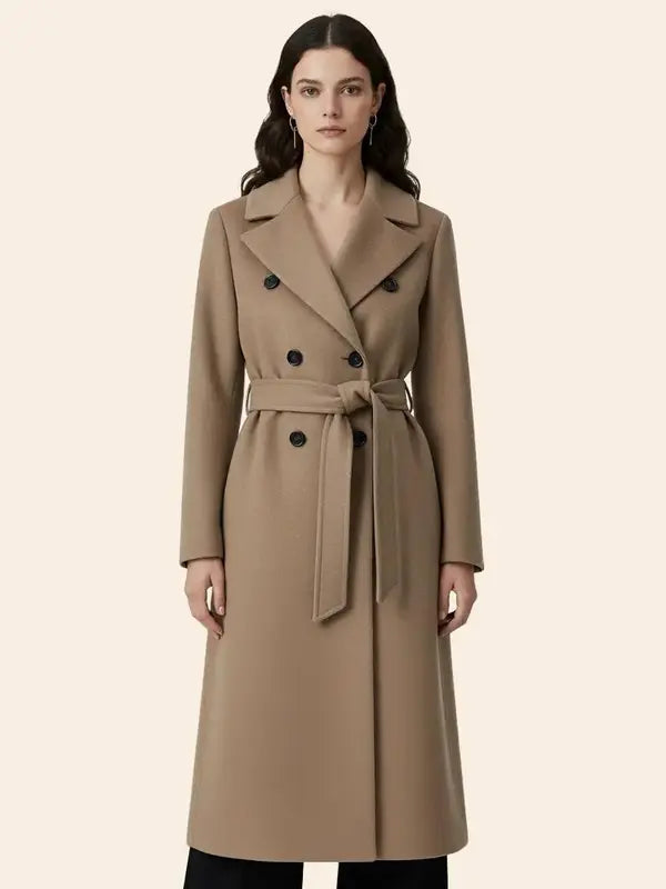 Long manteau croisé avec ceinture et revers, adapté à un usage quotidien et polyvalent.