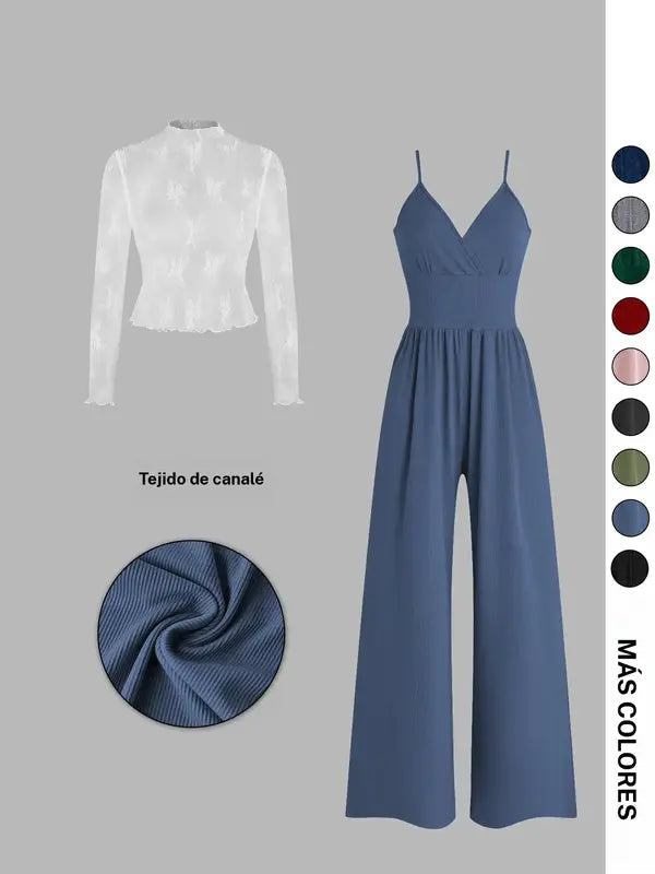 Ensemble deux pièces combishort et tee-shirt en dentelle de couleur unie pour femme, ensemble élégant et décontracté avec combishort dos zippé et haut à manches longues pour le quotidien et l'extérieur, vêtements pour femme pour le printemps et l'automne