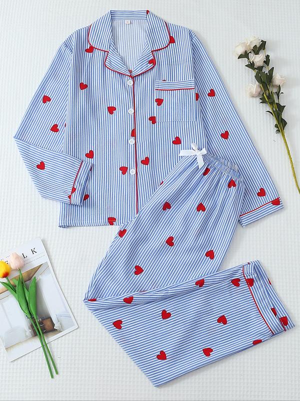 Ensemble de pyjama pour femme à rayures et imprimé nœud, haut et pantalon boutonnés, décontracté pour toutes les saisons