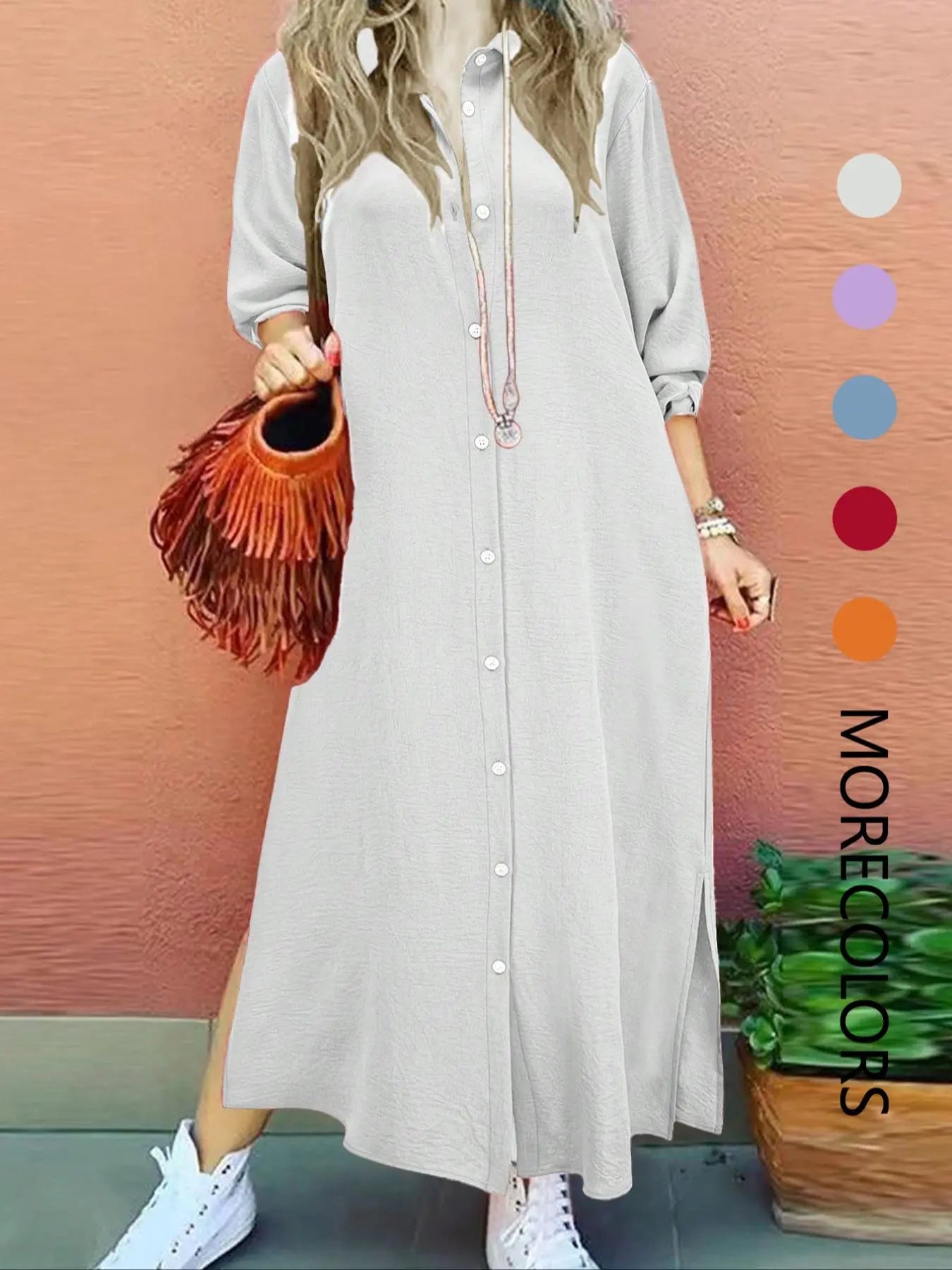 Robe longue unie à col chemise et boutons pour femme, Robe longue décontractée à col pour le quotidien et l'extérieur, Robe pour femme pour le printemps