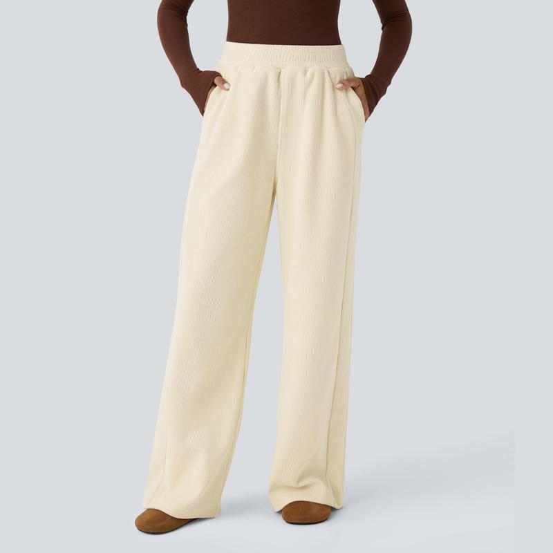 Pantalon décontracté en velours côtelé, coupe droite, taille haute, avec poches latérales