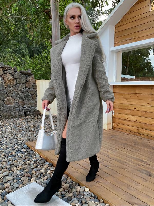 Manteau en fausse fourrure uni avec poches et boutons, col à revers et manches longues, tenue décontractée pour l'automne et l'hiver, vêtements pour femmes pour un usage quotidien