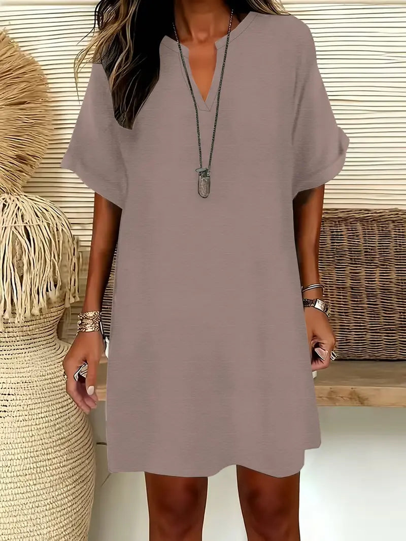 Robe midi unie à encolure crantée et manches courtes pour femme, robe trapèze décontractée chic à épaules tombantes pour l'été, robe confortable et élégante