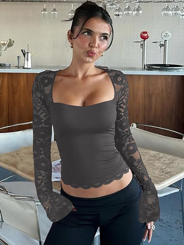 T-shirt à manches longues transparentes avec volants et dentelle florale pour femme, motif floral sexy, coupe ajustée, idéal pour les fêtes, les clubs et les vacances, vêtements d'été pour femme, haut