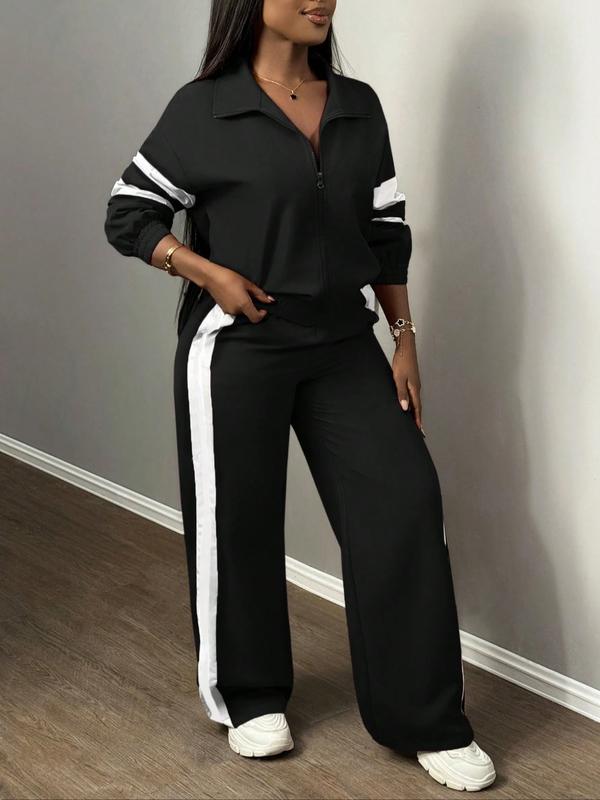 Ensemble Veste Zippée & Pantalon Large Rayé pour Femme, Style Urbain & Décontracté, Costume Deux Pièces pour Usage Quotidien