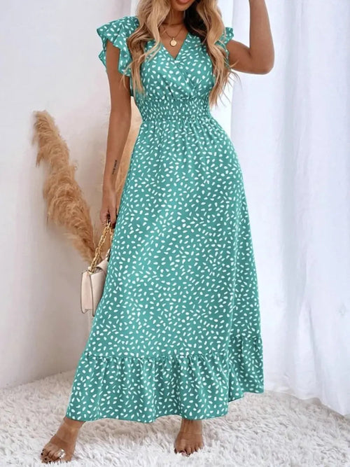 Women's Spring Summer Fashion Casual Floral V Neck Ruffle Waist Slim Bohemian Boho Style Dress, Long Cap Sleeve Fitted Wrap Dress for Vacation