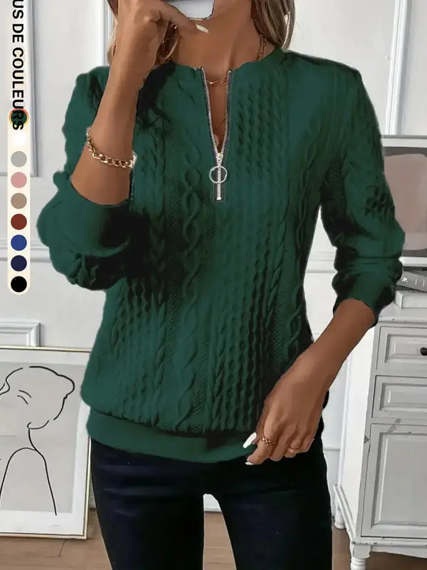Sweat-shirt uni texturé à demi-glissière pour femme, pull décontracté à manches longues et col rond pour l'automne et l'hiver, vêtements féminins pour le quotidien