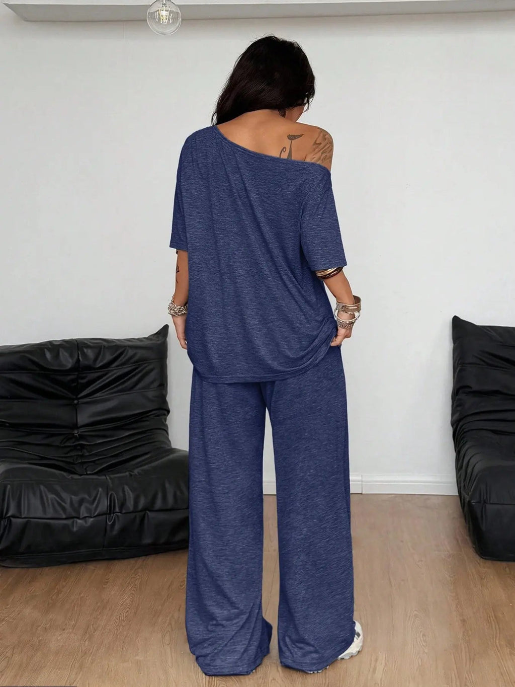 Women's Casual Solid Color Sport Two-Piece Set, Loose Long Pants & Wide Leg Slant Neck Pant Suit, Spring & Fall Fashion