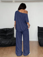 Women's Casual Solid Color Sport Two-Piece Set, Loose Long Pants & Wide Leg Slant Neck Pant Suit, Spring & Fall Fashion