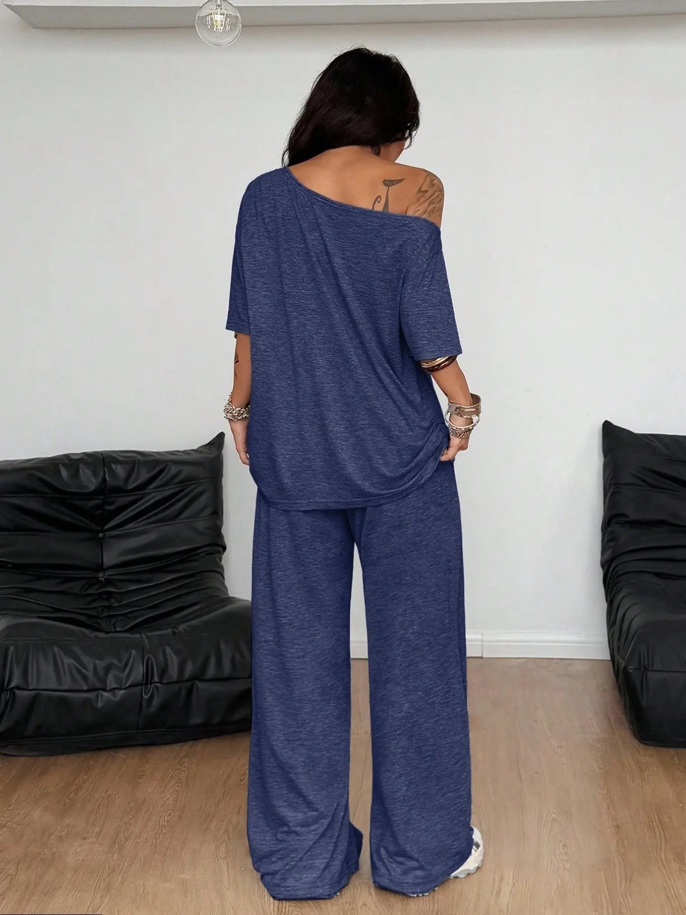 Women's Casual Solid Color Sport Two-Piece Set, Loose Long Pants & Wide Leg Slant Neck Pant Suit, Spring & Fall Fashion