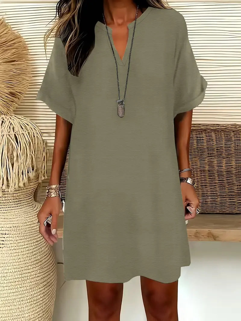 Robe midi unie à encolure crantée et manches courtes pour femme, robe trapèze décontractée chic à épaules tombantes pour l'été, robe confortable et élégante