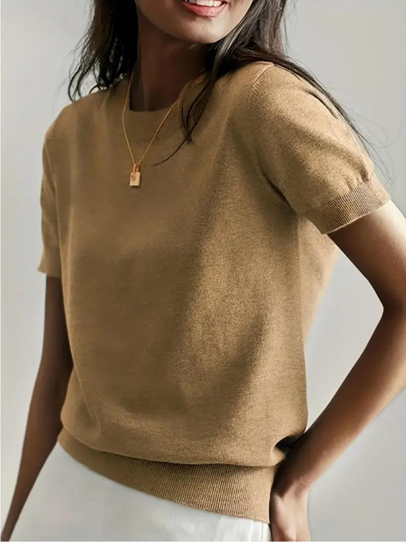 Pull en maille unie à col rond et manches courtes pour femme, tricot basique décontracté pour le printemps et l'automne, vêtements en tricot tendance pour femme pour le quotidien, prêt-à-porter féminin