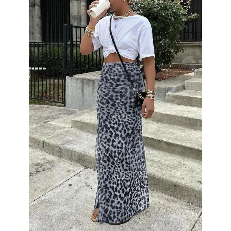 Jupe longue en maille imprimée léopard taille haute, coupe ajustée, fente, polyvalente, pour la Saint-Valentin, vêtements pour femmes à la mode