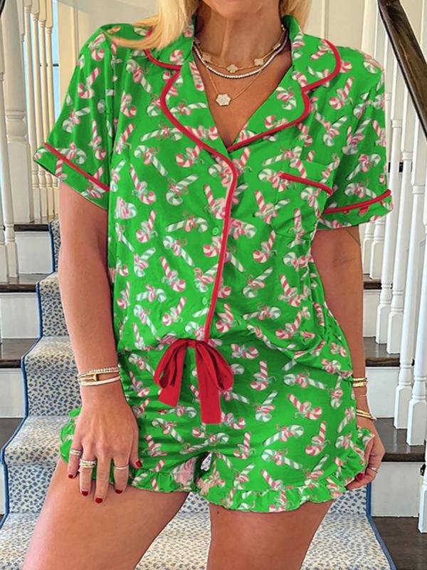 Ensemble pyjama court à manches courtes avec 2 pièces de cannes de Noël imprimées pour femmes, avec boutons, cols et nœuds, adapté pour un port confortable et décontracté à la maison en toutes saisons