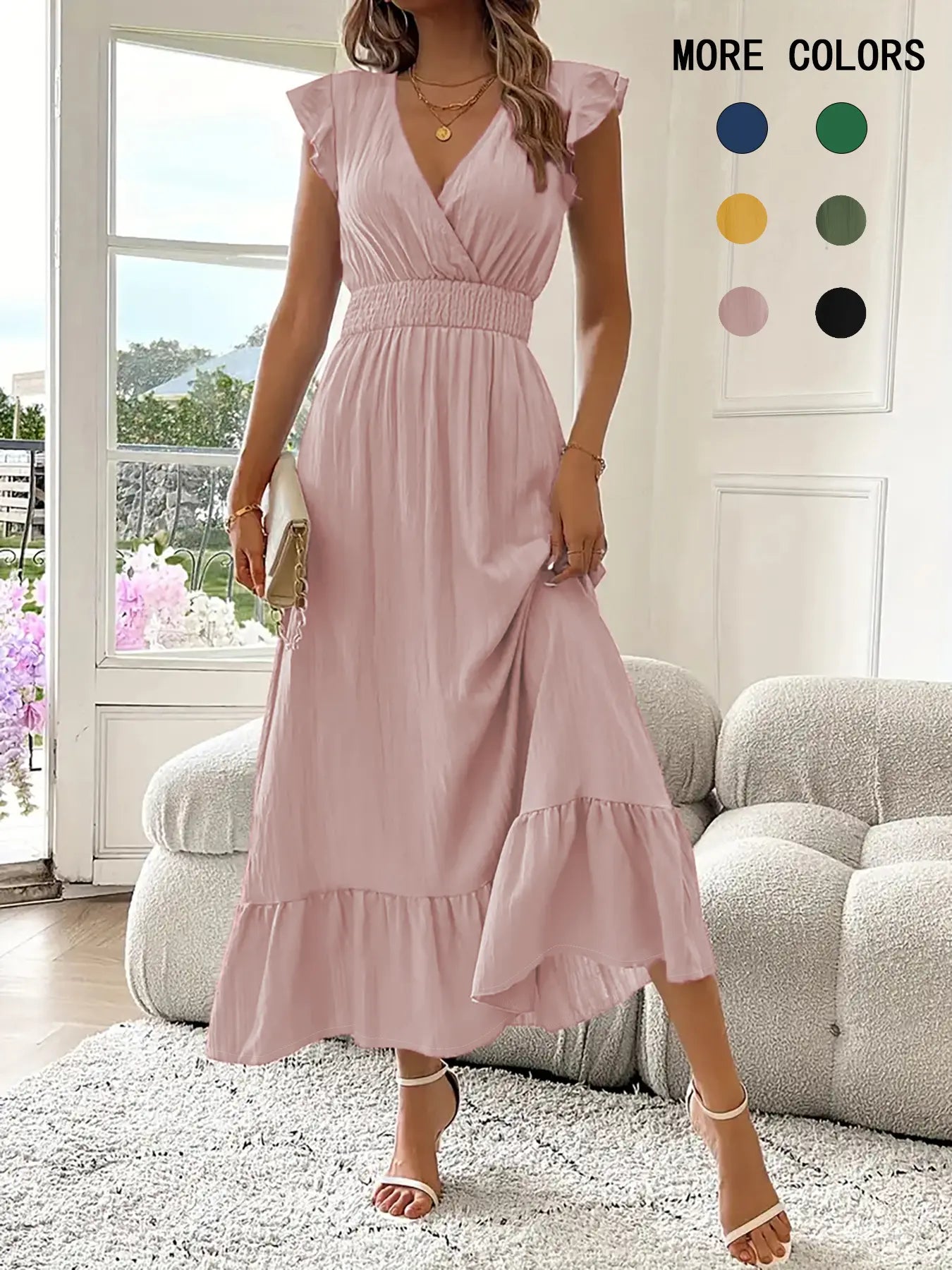 Robe unie froncée à col en V pour femme, robe longue élégante et chic pour tous les jours, robe d'été pour femme