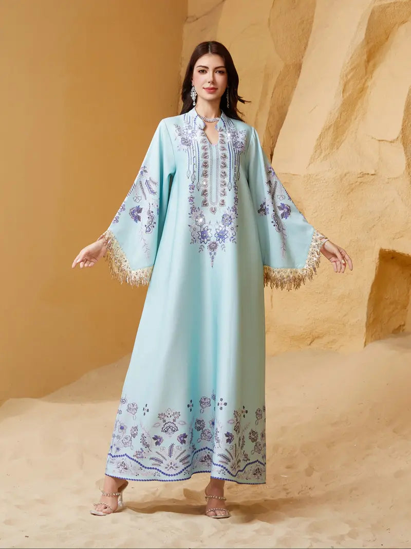 Robe longue élégante pour femme, coupe ample, imprimé ethnique, laçage, toutes saisons, parfaite pour les soirées et les événements spéciaux