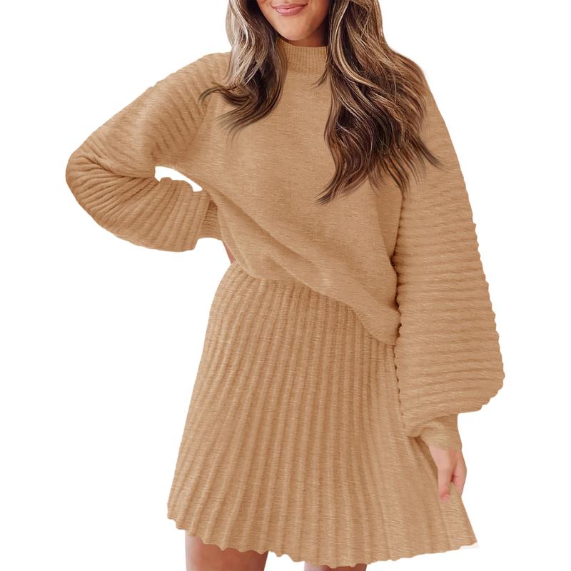 Ensembles 2 Pièces Femme 2025 Pulls Col Montant Manches Longues Côtelés et Mini-Jupe