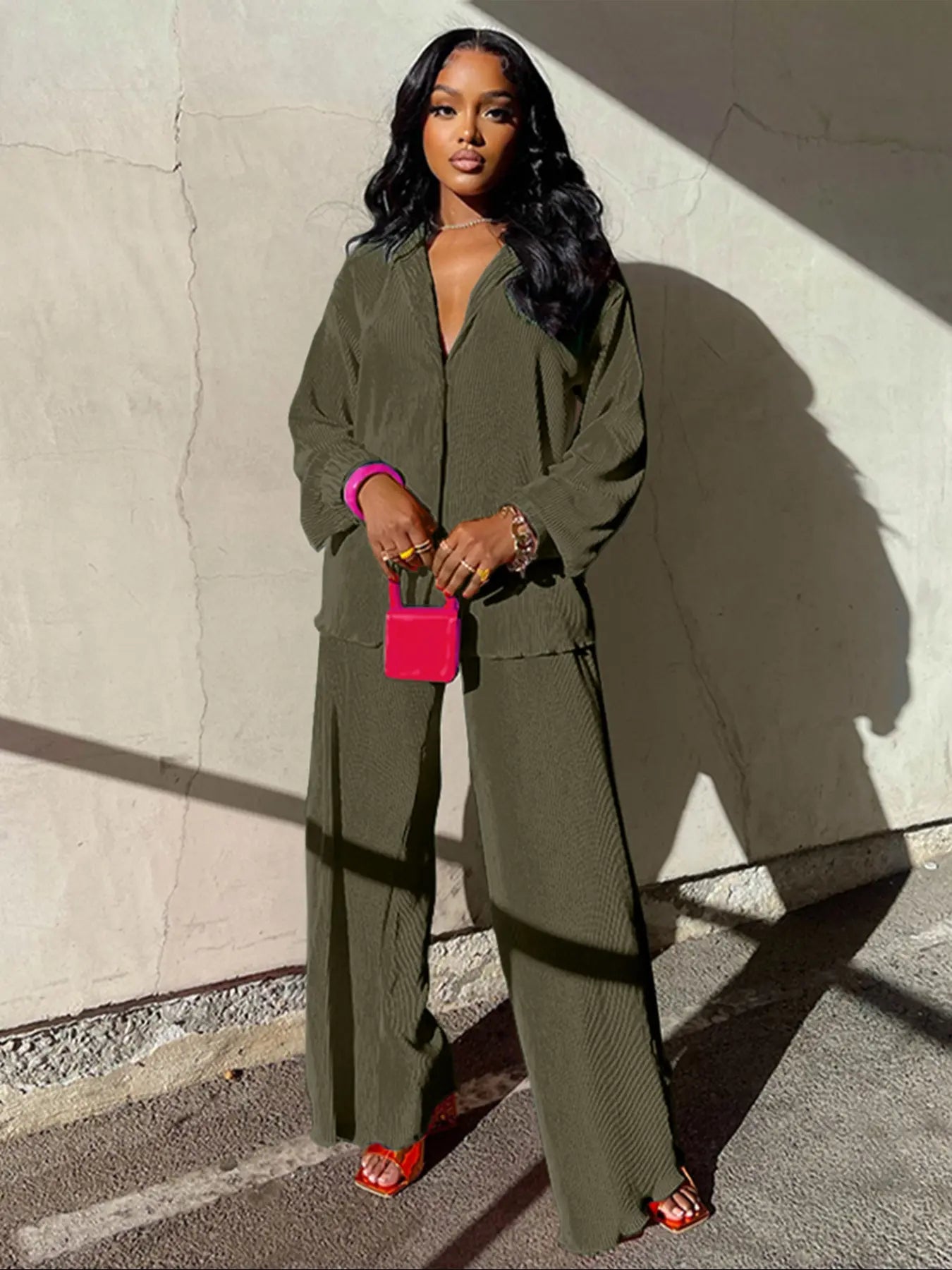 Ensemble deux pièces chemise unie boutonnée et pantalon taille élastique pour femme