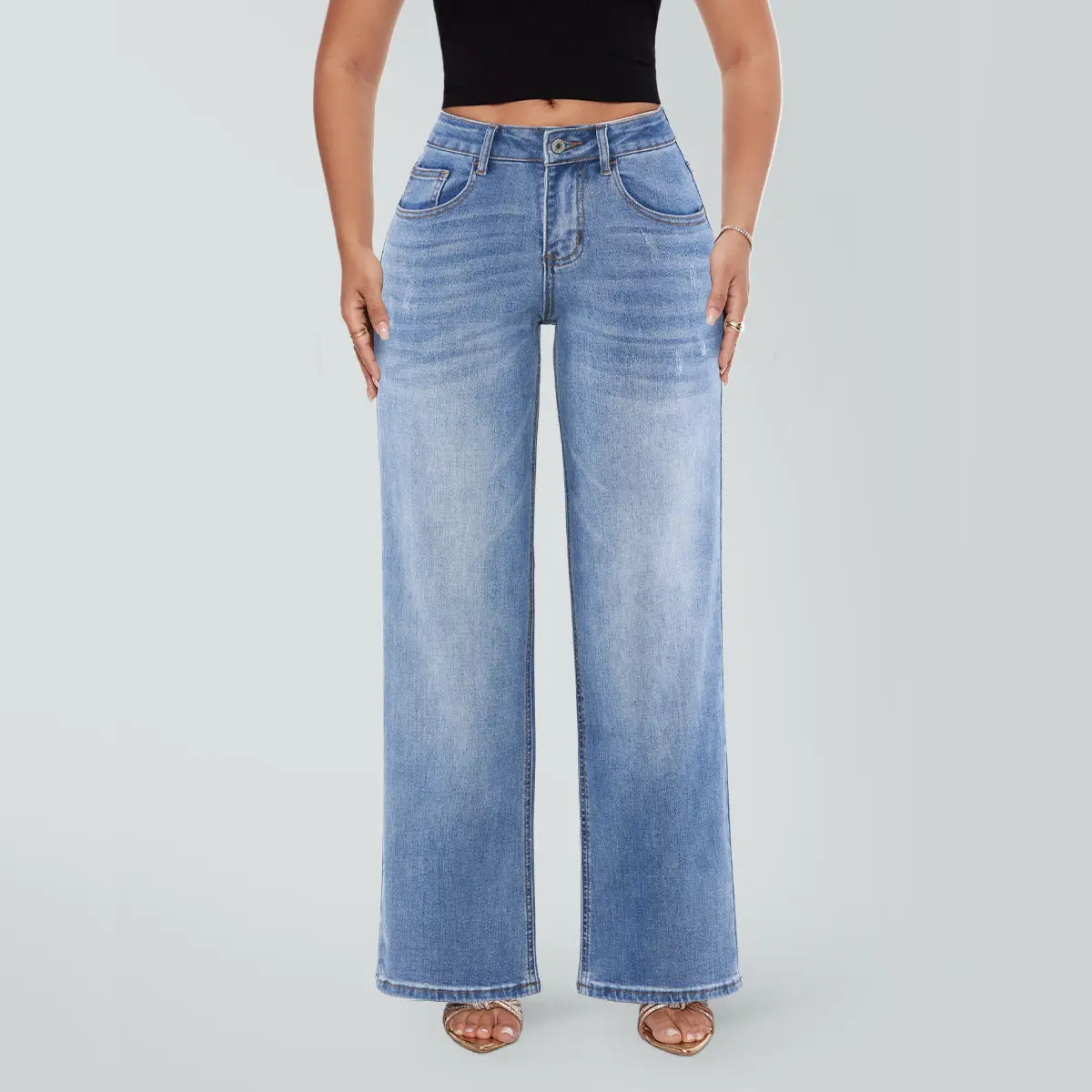 Magic SHAPUM Jean BBL pour femme taille mi-basse, jambe large, coupe ample, confortable, en denim extensible, pantalon noir B en denim extensible, legging ample