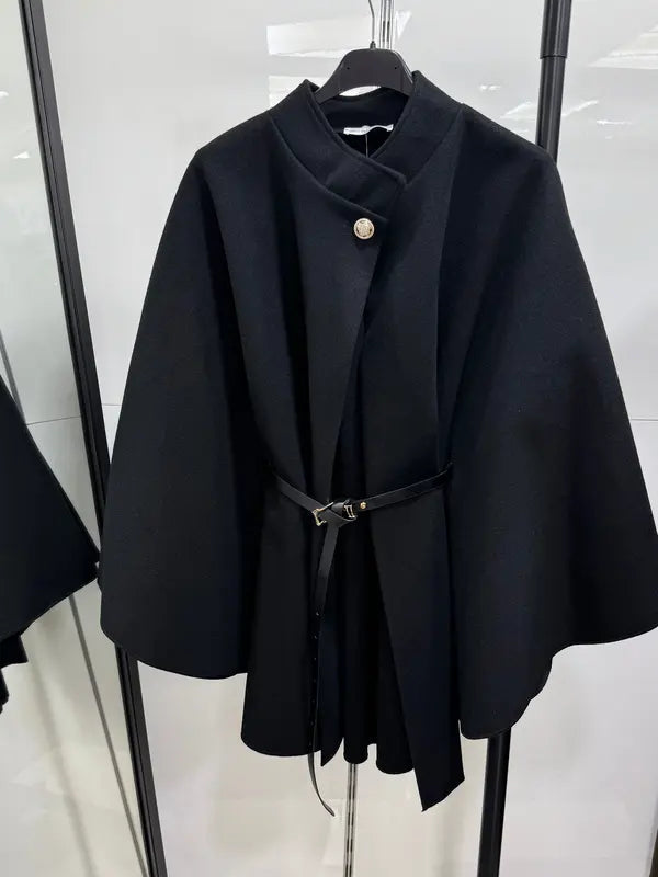 Manteau cape en laine ceinturé à boucle unie pour femme