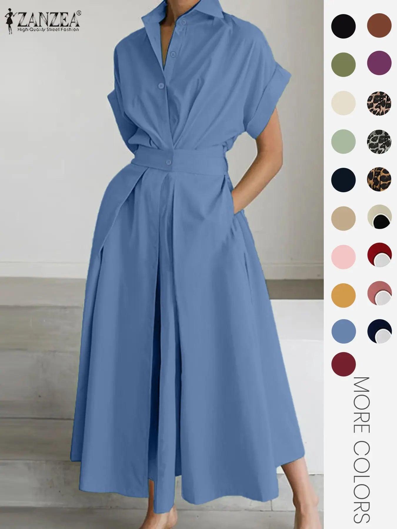 Robe unie à col pour femme, robe décontractée à manches courtes pour l'été, vêtements pour femmes pour le quotidien