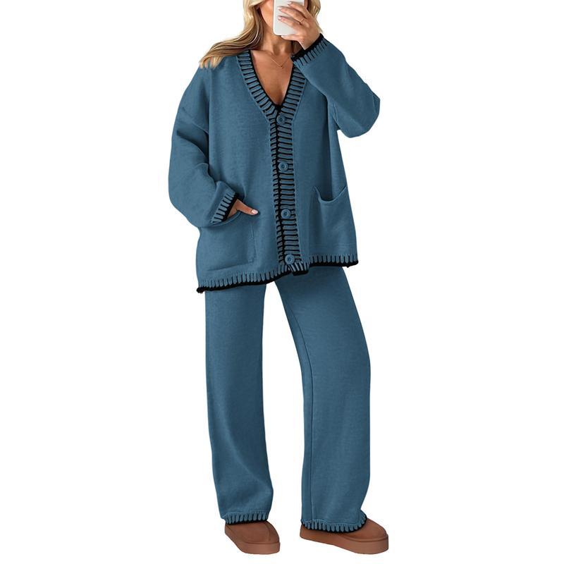 Ensemble 2 pièces tricoté pour femme, tenues d'hiver assorties, loungewear, cardigans à manches longues et col en V, pantalons amples, survêtements