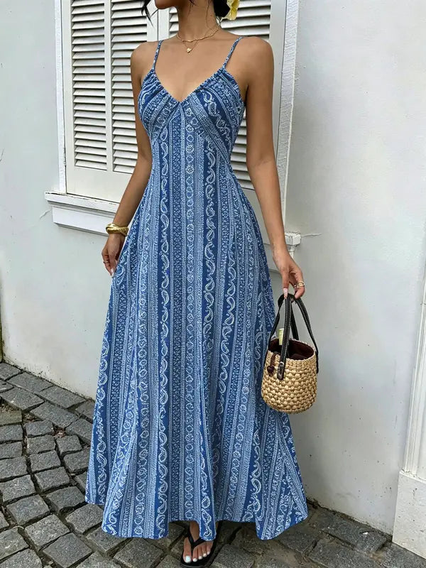 Robe caraco dos nu à imprimé ethnique pour femme